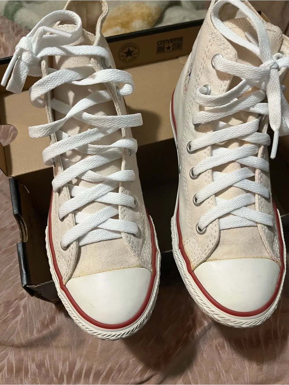 Converse Cream/Off-White High Top Kids Sneakers with Red & Navy Stripe